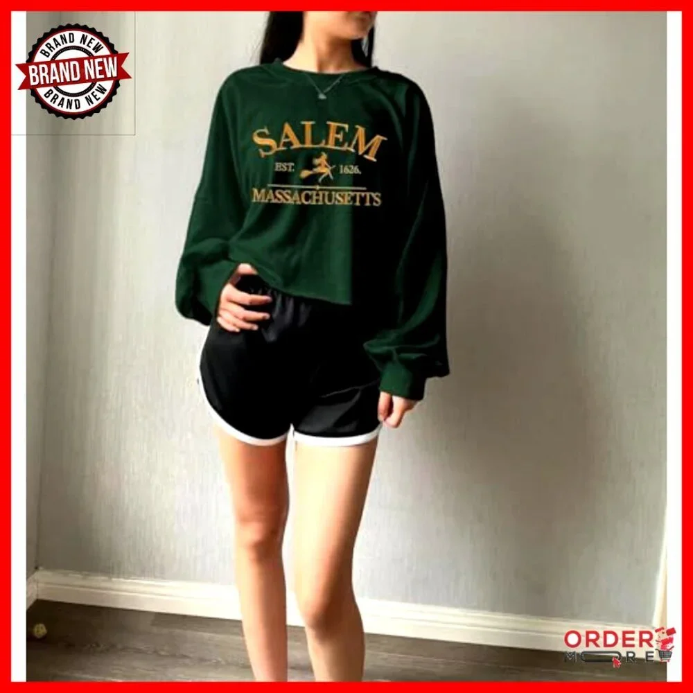 Witch Crop Sweatshirt Halloween Graphic Lantern Long Sleeve Pullover - Picture 2 of 3